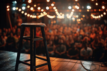 Vintage microphone on stage in a dimly lit comedy club, ready for a stand-up performance in an atmospheric setting &ndash; generative AI
