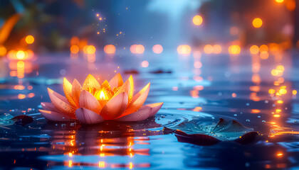 Golden Diya on Floating Lotus Flower for Deva Diwali Celebration Illustration