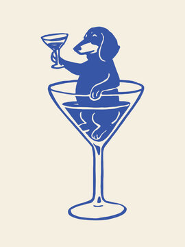 Dog dachshund in martini glass minimalist sketch vector illustration