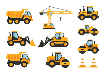 A collection of yellow construction vehicles and heavy machinery illustrations, including a crane, dump truck, and bulldozer, isolated on a white background.