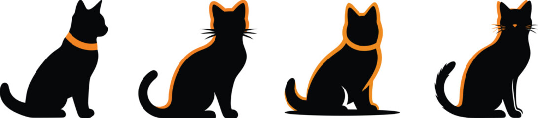 Four stylized black cats in sitting poses various collars and styles graceful feline silhouettes isolated on vector
