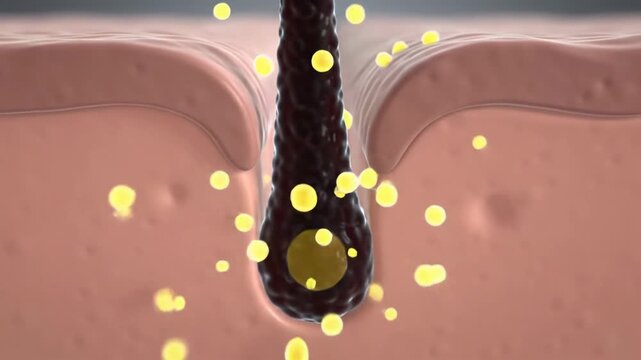 Highly detailed scientific animation of a human skin cross-section, black hair follicle absorbing yellow liquid and glowing particles, illustrating nutrient absorption. Concept of advanced dermatology