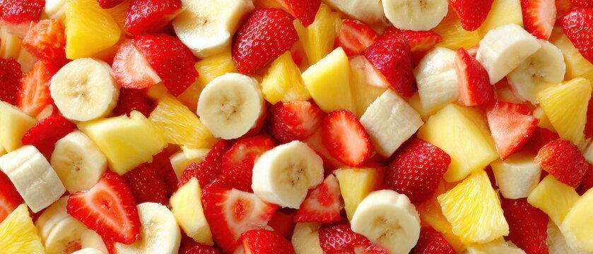 Vibrant fruit salad close up overhead shot featuring fresh cut strawberries bananas and pineapple for healthy eating concept - Powered by Adobe