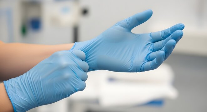 Medical professional, doctor, or nurse carefully putting on blue sterile protective gloves before a medical examination or procedure