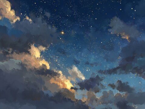Dreamy night sky painting with clouds and stars shining bright in the darkness artistic illustration