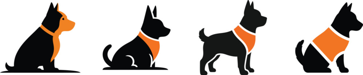 Four black dog silhouettes with orange accents in different poses minimalist style vector