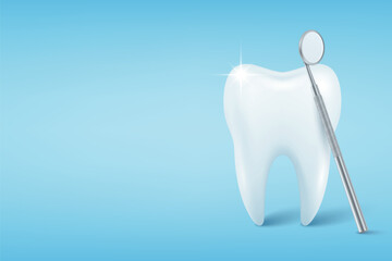 Healthy White Tooth and Dental Mirror Blue Background, Vector Illustration. Dentistry Icon for Dental Care, Oral Hygiene, Stomatology Clinic, Dentist Poster, Medical Health, Treatment Concept