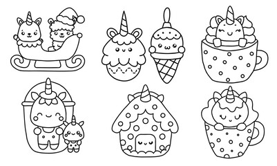 Christmas Unicorn and friends concepts, Cute unicorns in festive settings, including sleigh, ice cream, and cozy cups