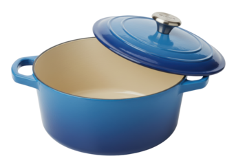 Isolated blue Dutch oven pot cooking with a lid for a kitchen on a plain background