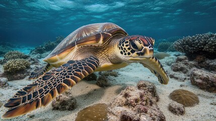Obraz premium Green Sea Turtle Gliding Peacefully over a Coral Reef in Clear Blue Ocean