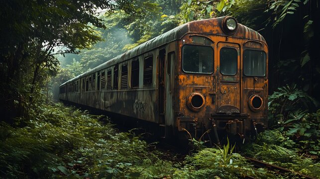 An old, rusty train car sits abandoned in the middle of a dense jungle, overgrown with foliage.