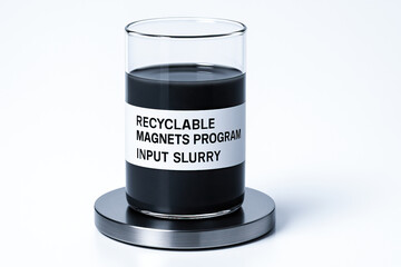 Recyclable magnet slurry in clear glass jar on metal base, dark viscous material labeled for recycling program, industrial laboratory sample with clean white background