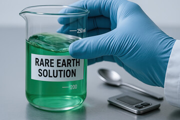 Lab beaker with green solution and gloved hand holding it, metal spoon and digital scale on tabletop