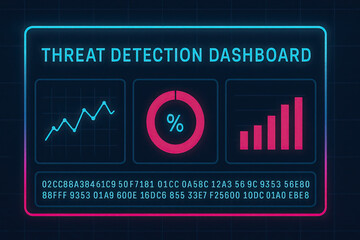 Threat detection dashboard showing analytics chart, percentage ring, bar graph and hexadecimal data with neon interface conveying cybersecurity monitoring and alert visualization