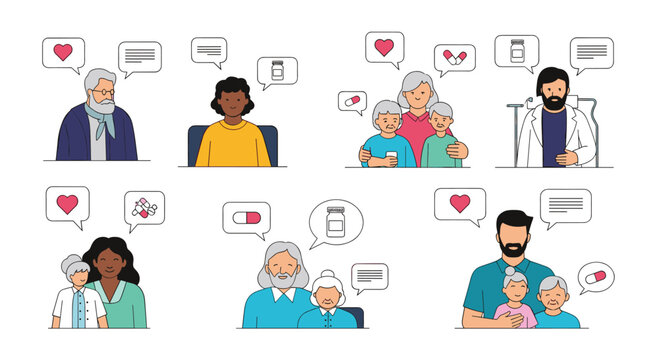 Diverse Group of People Discussing Health and Wellness with Speech Bubbles.