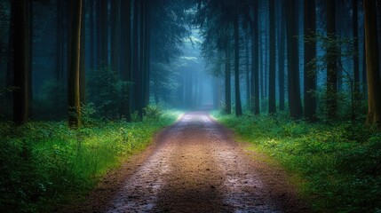 Naklejka premium Misty Forest Path with Ethereal Light Through Dark Green Trees