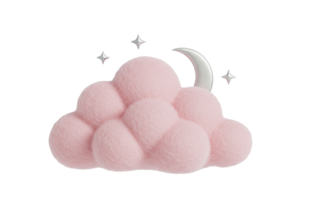 Isolated pink wool cloud with moon and stars, bedtime or nursery decor for baby's room