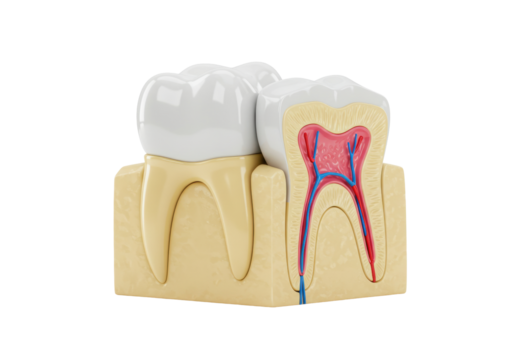 Isolated illustration of a tooth with internal structures in cross-section, dentistry