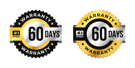 Premium 60 days warranty circle badge vector with black, gold and silver colors. Perfect for product guarantee, icon, logo, symbol, seal, stickers, quality assurance, label, certification