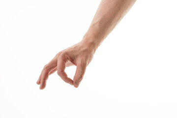 Adult young man hand pinch hold something isolated on white