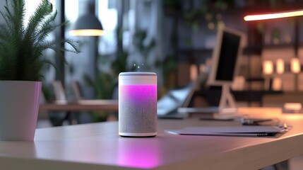 A smart speaker in a modern office environment, controlling lights, temperature (1)