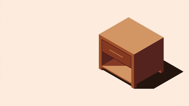 Isometric bedside table animation. Isometric nightstand. Wooden bedside table. Isometric bedroom furniture. Isometric home furniture. 4K video animated in isometric style