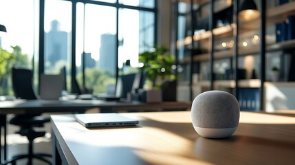 A smart speaker in a modern office environment, controlling lights, temperature (2)