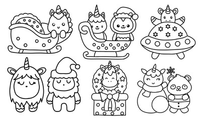 Christmas Unicorn and friends concepts, Cute Christmas unicorns and festive characters in playful design