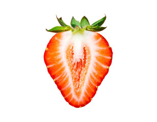 Half of a ripe strawberry, revealing its red and white interior with green leaves