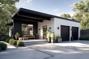 Modern detached home with sleek black garage doors and inviting patio.