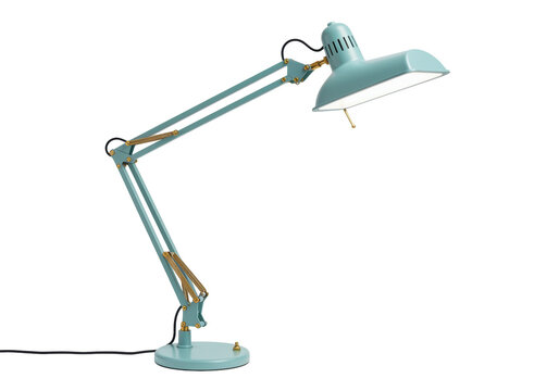Isolated Anglepoise desk lamp, retro task light with adjustable arm and lampshade on neutral background