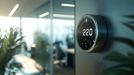 A smart thermostat on an office wall, displaying the current temperature and energy-saving settings (2)