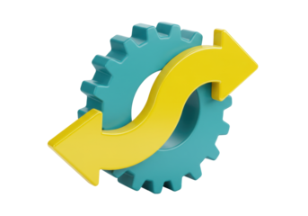 Isolated blue gearwheel with curved yellow arrow showing process flow, direction icon