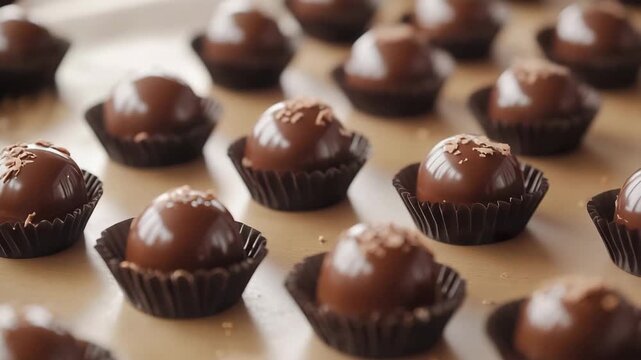 Delicious round chocolate pralines covered with chocolate sprinkles resting on paper cups
