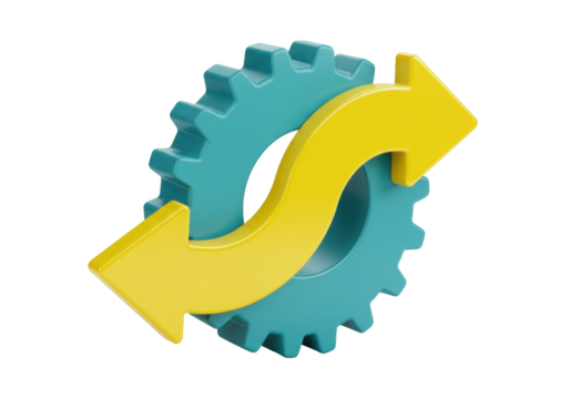 Isolated blue gearwheel with curved yellow arrow showing process flow, direction icon - Powered by Adobe