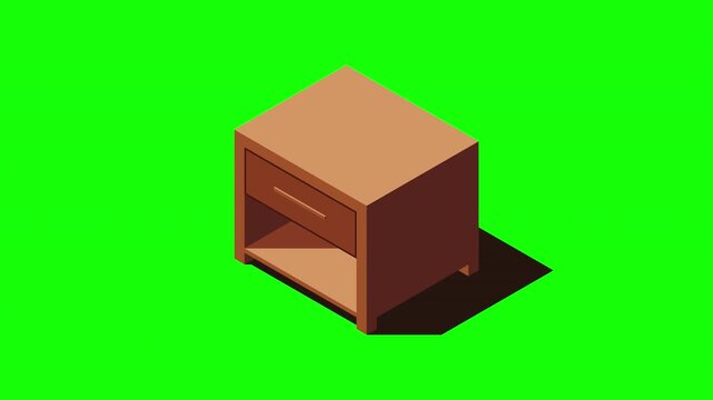 Isometric bedside table animation. Isometric nightstand. Wooden bedside table. Isometric bedroom furniture. Isometric home furniture. 4K video animated in isometric style