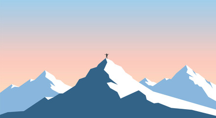 Simple flat illustration of a mountain climber enjoying the view of a snowy mountain with the setting sun