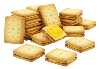 Isolated crackers filled with cheese, food product on clear background, snack appetizer