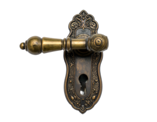 Ornate, antique brass door handle and escutcheon against a deep black background