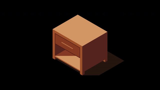 Isometric bedside table animation. Isometric nightstand. Wooden bedside table. Isometric bedroom furniture. Isometric home furniture. Transparent background with alpha channel