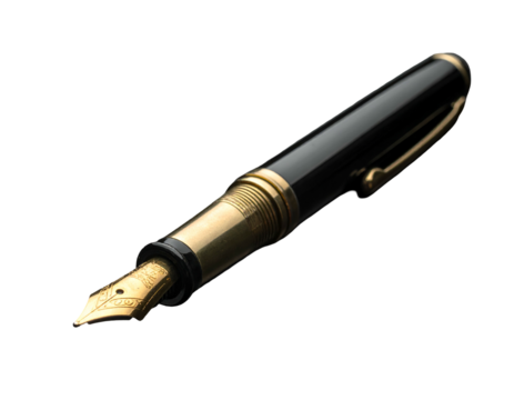 A detailed image of an elegant, classic fountain pen against a black background