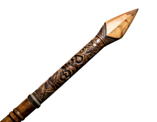 Carved wooden spear with a sharp tip, detail showing intricate patterns on the shaft