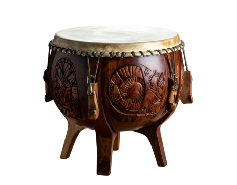 Wooden drum with carved details, rawhide head, and tripod base, isolated on black