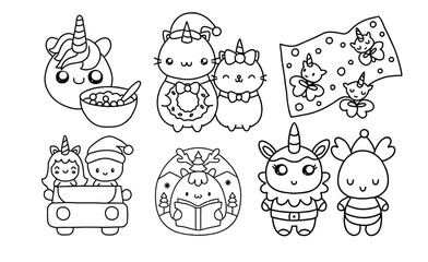 Christmas Unicorn and friends concepts, Cute unicorn characters celebrate Christmas with festive activities and decorations
