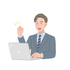 ガッツポーズをするパソコンを使うビジネスマン
