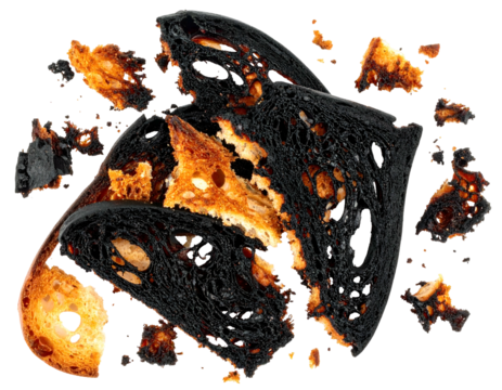 Close-up of charred bread slices, with golden interior fragments scattered