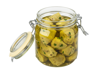 Isolated jar with marinated artichoke hearts preserved in oil ready to eat snack food