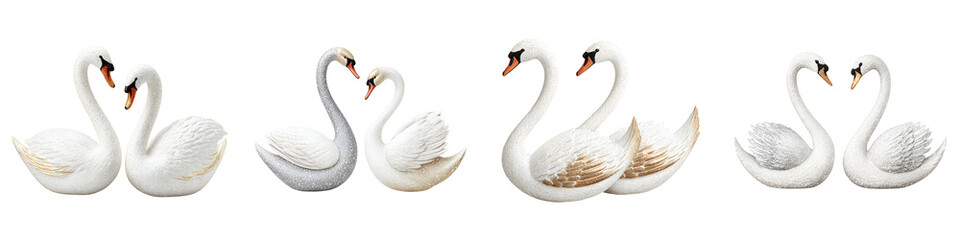Obraz premium Elegant swans in various poses creating heart shapes. Perfect for symbols of love, romance, beauty, nature, and harmony in design and artistic expressions.