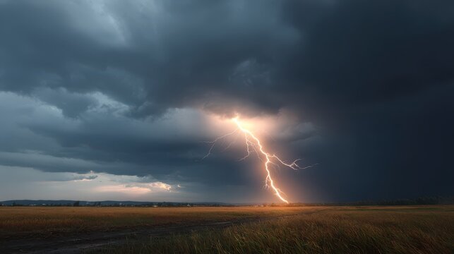 Dramatic lightning strike over rural field landscape photography; storm clouds, electrical discharge, nature power, weather phenomenon, outdoor scene