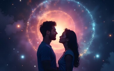 Obraz premium Man and woman silhouettes at abstract cosmic background. Human souls couple in love. Astral body, esoteric and spiritual life concept. Created with generative AI. High quality